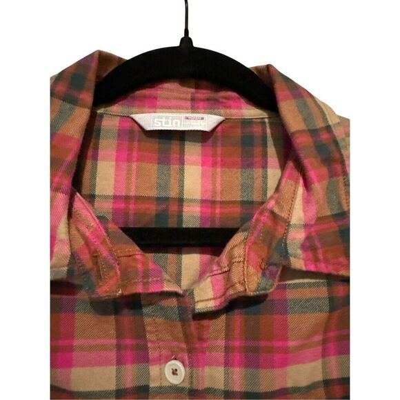STIO Womens Plaid Long Sleeve Organic Cotton Flannel Button-up Shirt Pink Tan XL - Picture 2 of 6